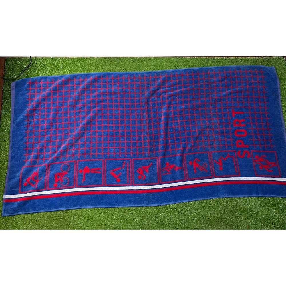 Vintage Beach Towel Red Blue Sports Theme Volleyball Soccer 27 x 56" Lintex MINT